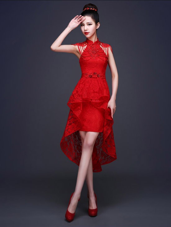 Lace Beads Qipao / Cheongsam Wedding Dress with High Low Hem Lace Beads Qipao / Cheongsam Wedding Dress with High Low Hem