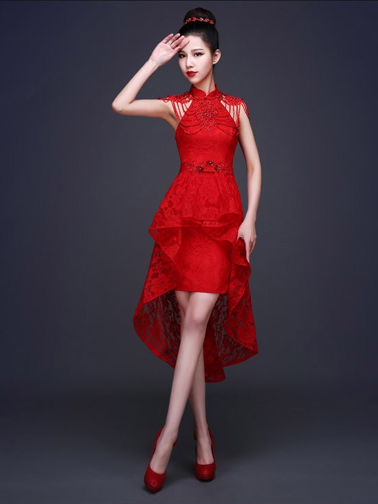 Lace Beads Qipao / Cheongsam Wedding Dress with High Low Hem - cozyladywear