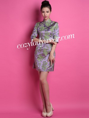 Purple Floral Custom Tailored Silk Qipao / Cheongsam Dress