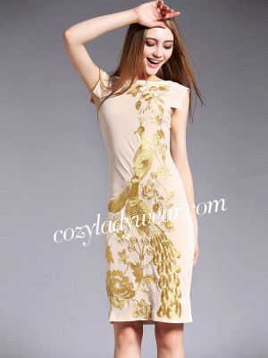 Boat Neck Qipao / Cheongsam Dress with Phoenix Embroidery