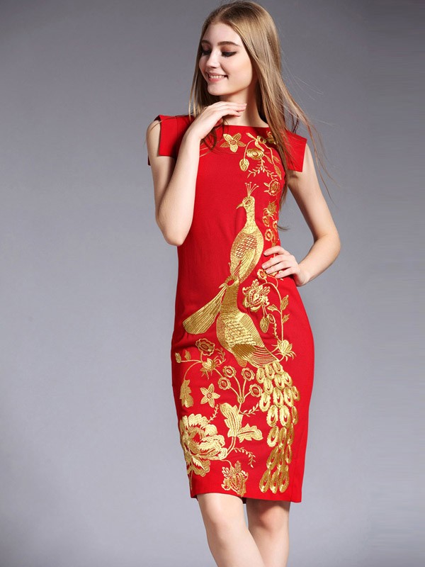 Boat Neck Qipao / Cheongsam Dress with Phoenix Embroidery