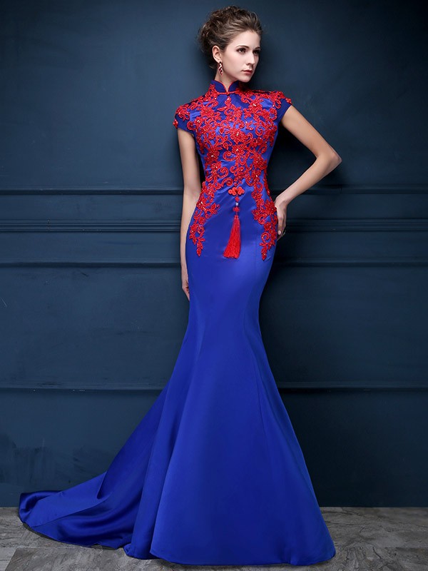 Blue Custom Tailored Qipao / Cheongsam Dress with Carpet Train