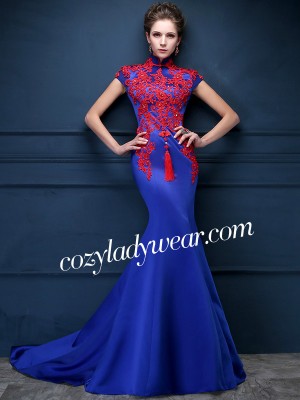 Blue Custom Tailored Qipao / Cheongsam Dress with Carpet Train