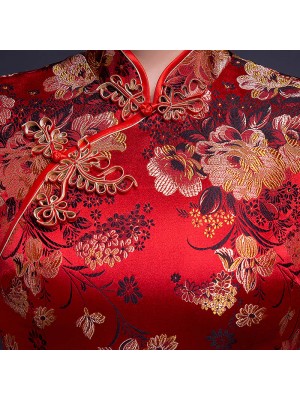 Red Silk Ankle-Length Qipao / Cheongsam Wedding Dress with Peony Pattern