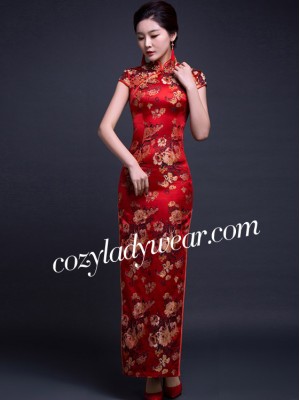 Red Silk Ankle-Length Qipao / Cheongsam Wedding Dress with Peony Pattern