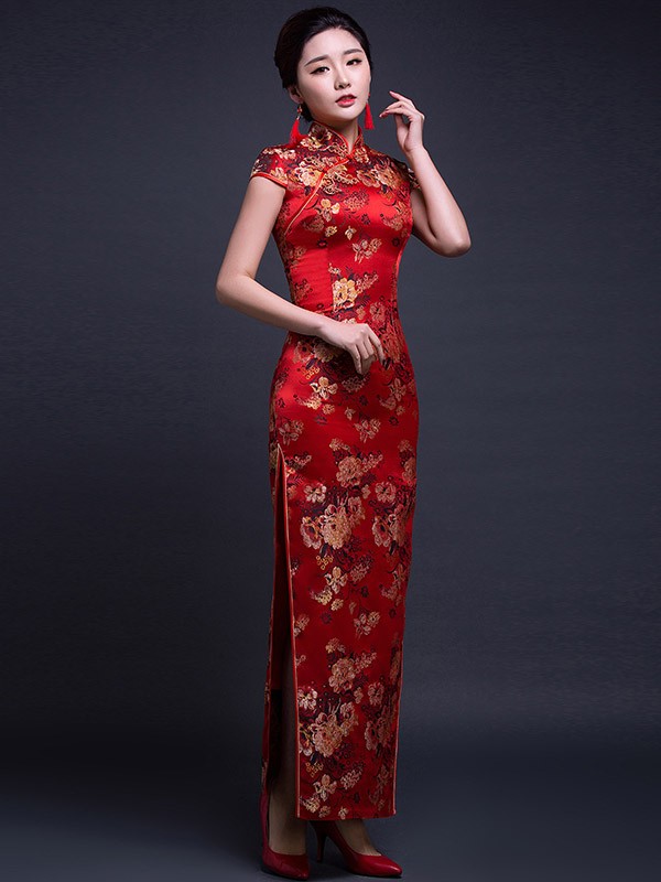 Red Silk Ankle Length Qipao Cheongsam Wedding Dress With Peony 