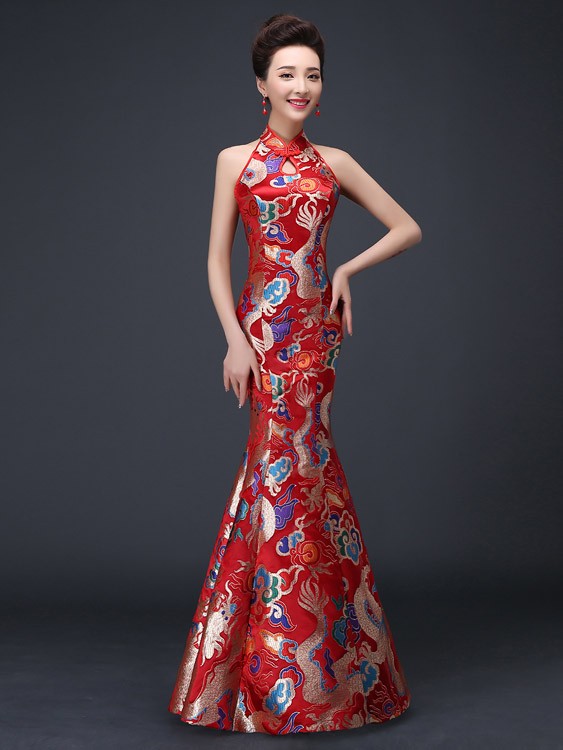 Halter Fishtail Qipao / Cheongsam Wedding Dress with Cutout Back