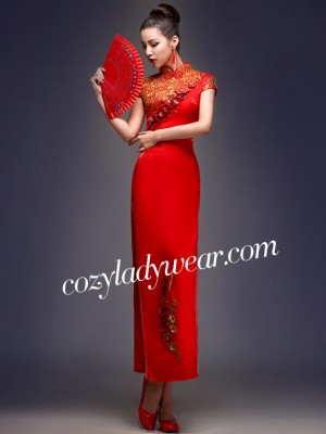 Red Split Ankle-Length Qipao / Cheongsam Wedding Dress with Applique