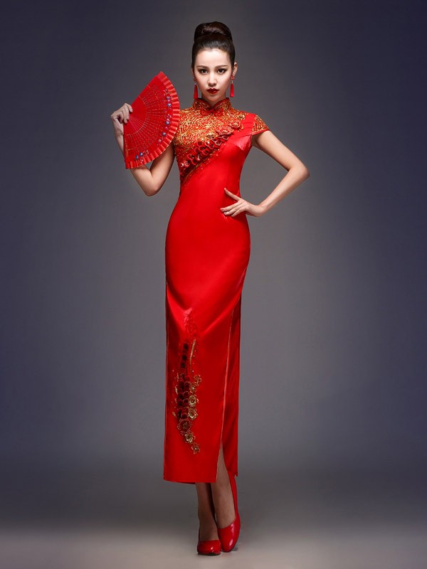 Red Split Ankle-Length Qipao / Cheongsam Wedding Dress with Applique