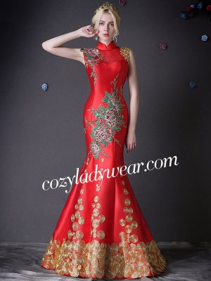 Custom Tailored Floral Embroidery Qipao / Cheongsam Dress with Train