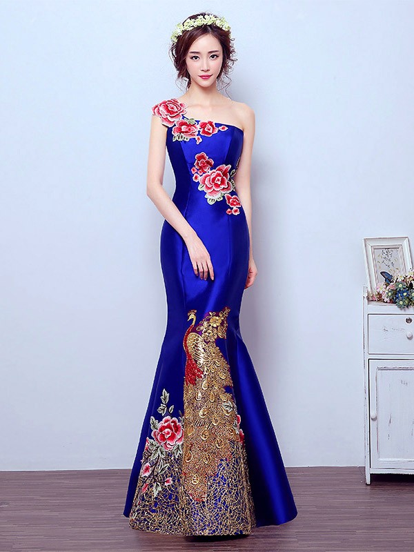 Custom Tailored  One Shoulder Fishtail Qipao / Cheongsam Dress with Floral & Phoenix Embroidery