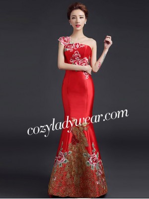 Custom Tailored One Shoulder Fishtail Qipao / Cheongsam Dress with Floral & Phoenix Embroidery