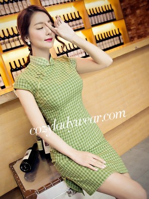 Green Grid Plaid Qipao / Cheongsam Dress