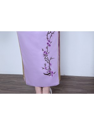 Purple Ankle-Length Qipao / Cheongsam Wedding Dress with Floral Embroidery
