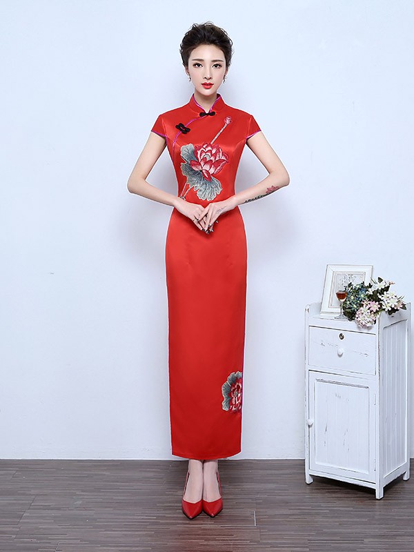 Split Ankle-Length Embroidered Lotus Qipao / Cheongsam Wedding Dress