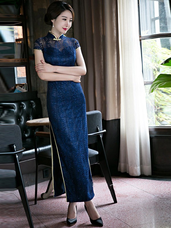 Mandarin Collar Lace Qipao / Cheongsam Prom Dress with Split