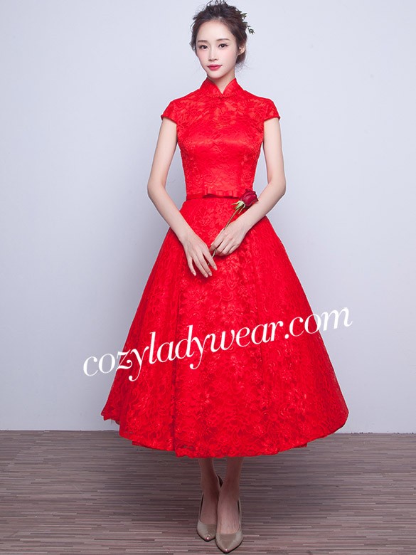 Tea-Length A-Line Qipao / Cheongsam Wedding Dress in Lace