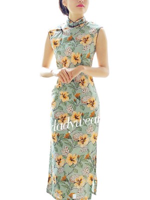 Floral Printed Linen Qipao / Cheongsam Dress