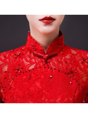 Red Long Sleeve Lace Cheongsam / Qipao / Chinese Wedding Dress
