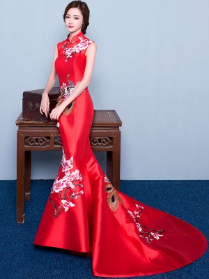 Custom Tailored Mermaid Train Qipao / Cheongsam Dress with Floral Embroidery