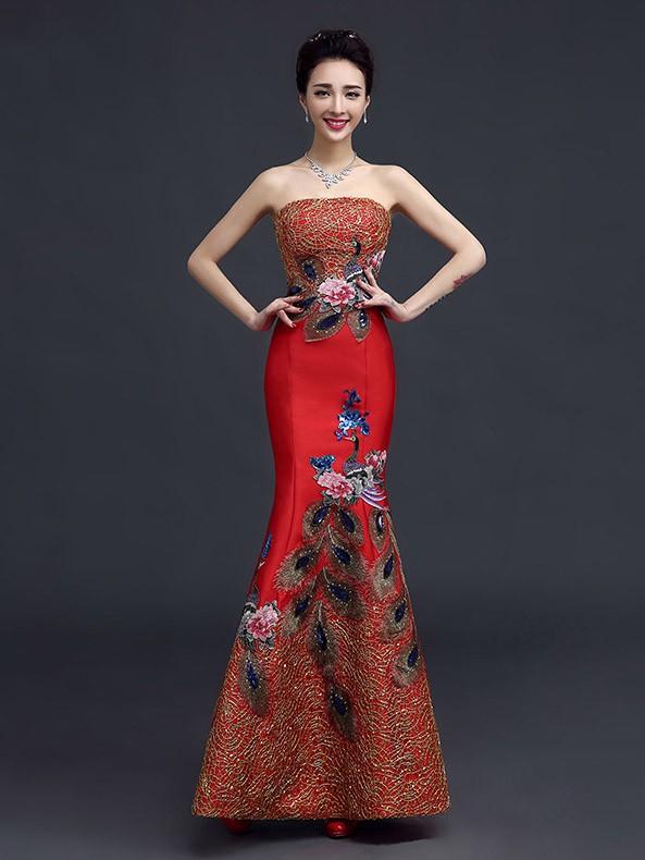 Embroidered Bandeau Fishtail Qipao / Cheongsam Wedding Gown