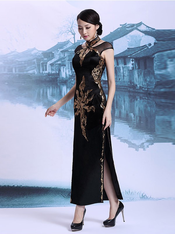 Custom Tailored Black Halter Qipao / Cheongsam Dress with Keyhole