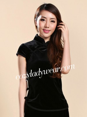 Black Stretchy Velour Mandarin Collar Qipao / Cheongsam Shirt