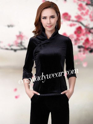 Stretchy Velour Mandarin Collar Qipao / Cheongsam Shirt