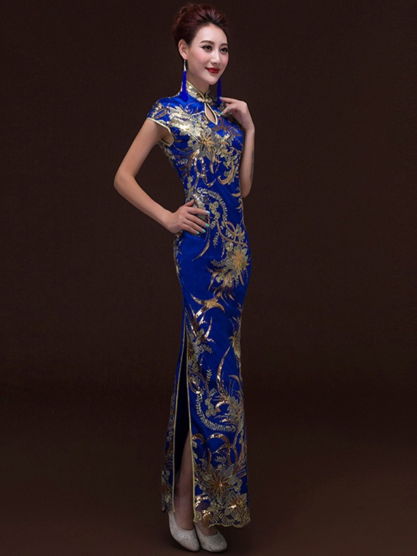 Ankle-length Sequins Floral Cheongsam / Qipao Evening Dress