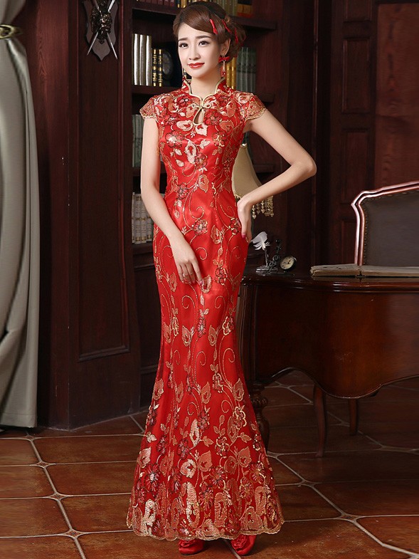 Red Floor Length Qipao / Chinese Cheongsam Wedding Dress