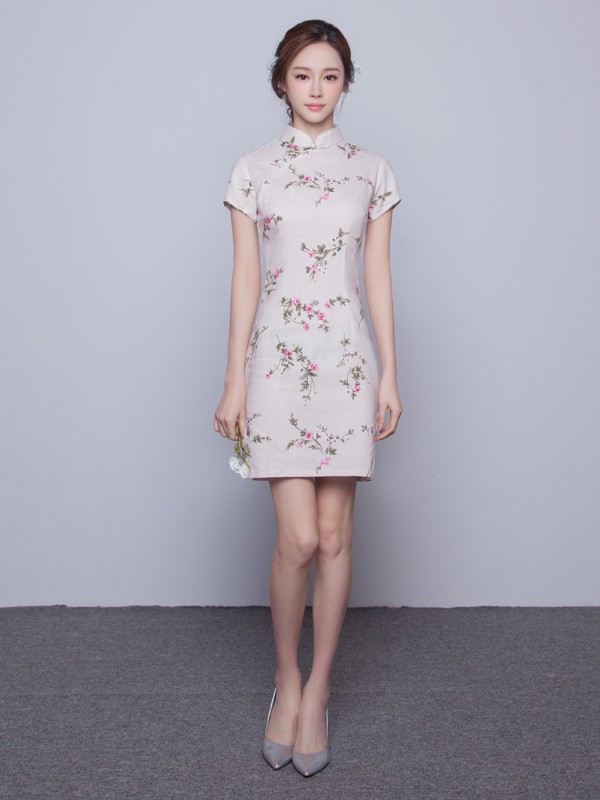 Beige Floral Linen Qipao / Cheongsam Dress