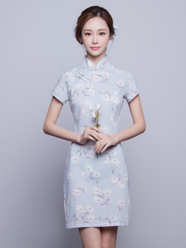 Blue Short Floral Qipao / Cheongsam Dress