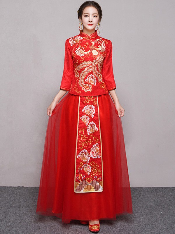 Phoenix Embroidery Chinese Wedding Qun Kwa - Jacket & Skirt