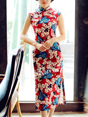 Red Floral Linen Qipao / Cheongsam Dress