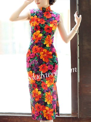 Tea-Length Linen Qipao / Cheongsam Dress in Blossom Print