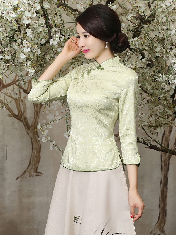 Green Mandarin Collar Qipao / Tang Shirt