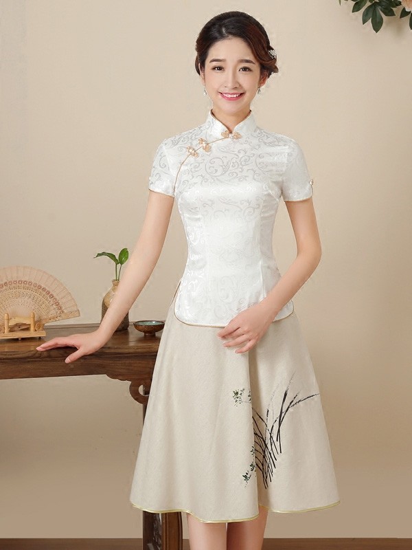 White Floral Mandarin Collar Qipao / Cheongsam Top