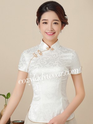 White Floral Mandarin Collar Qipao / Cheongsam Top