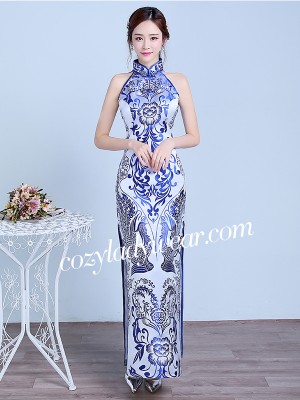 Blue Floral Halter Qipao / Cheongsam Prom Dress with Split