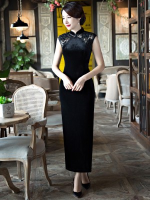 Black Velour Ankle-Length Qipao / Cheongsam Dress with Split
