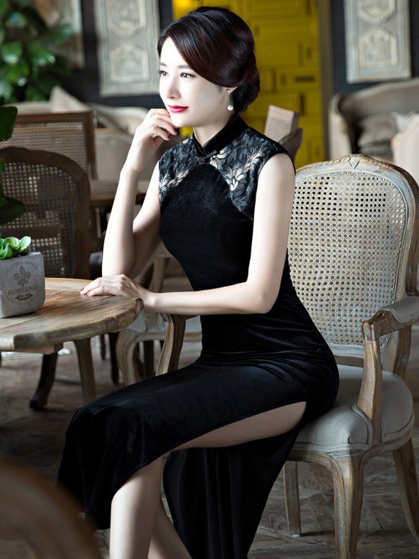 Black Velour Ankle-Length Qipao / Cheongsam Dress with Split