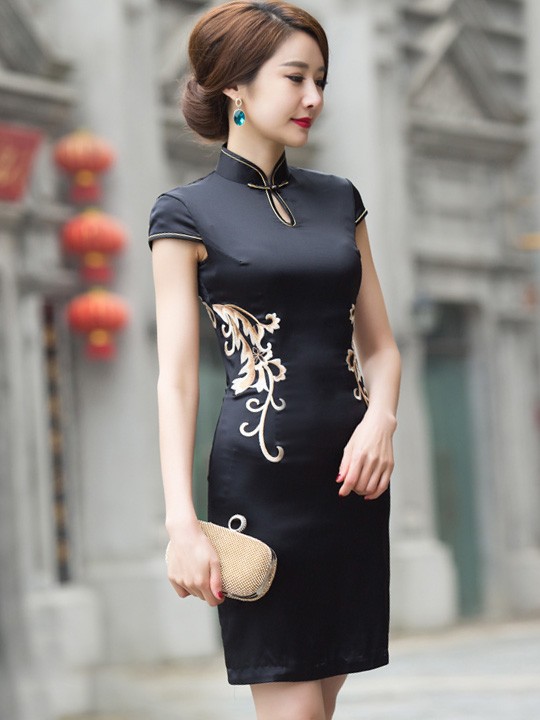 Black Embroidered Qipao / Cheongsam Dress with Lace Back