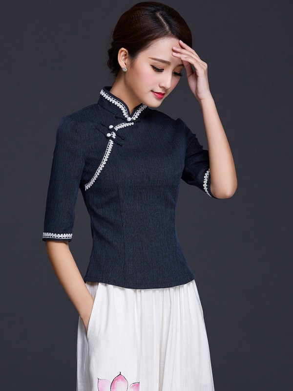 Half Sleeve Mandarin Collar Qipao / Tang Top in Linen