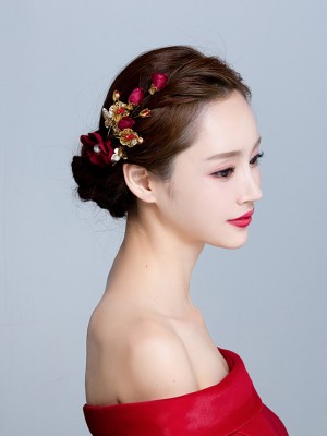 2 Pieces Wine Red Silk Hair Flower Clip