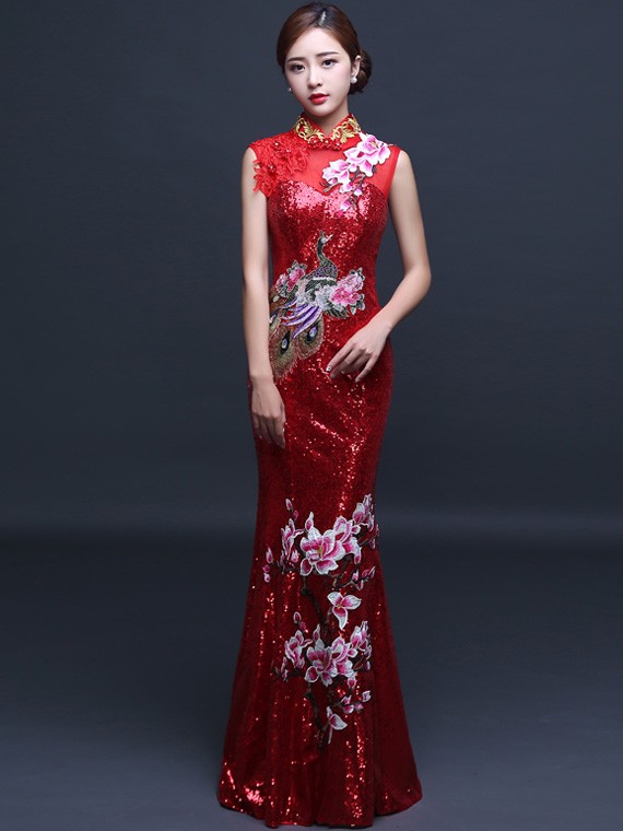 Embroidered Sequin Qipao / Cheongsam Gown, Magnolia Blossom