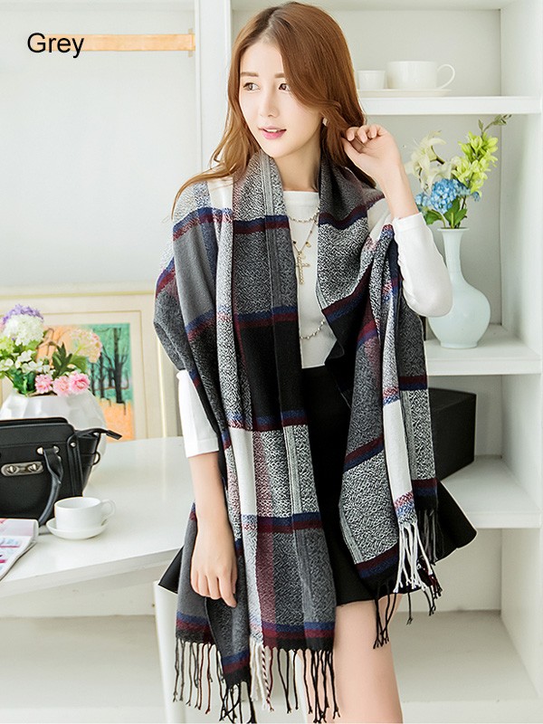 14 Color Options,  Colorblock Plaid Wrap Scarf with  Fringe-Trim