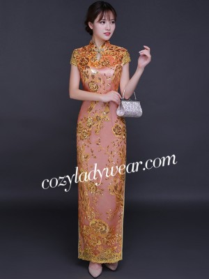 Epic Night Pink Sequined Qipao / Cheongsam Wedding Dress with Split