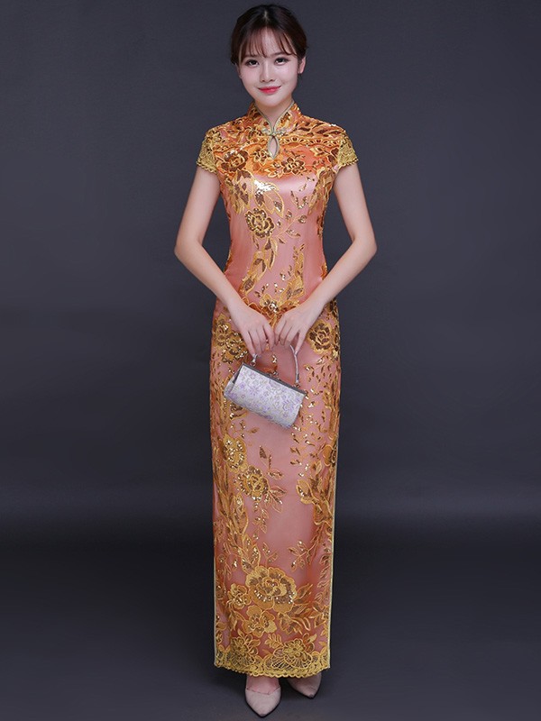 Epic Night Pink Sequined Qipao / Cheongsam Wedding Dress with Split
