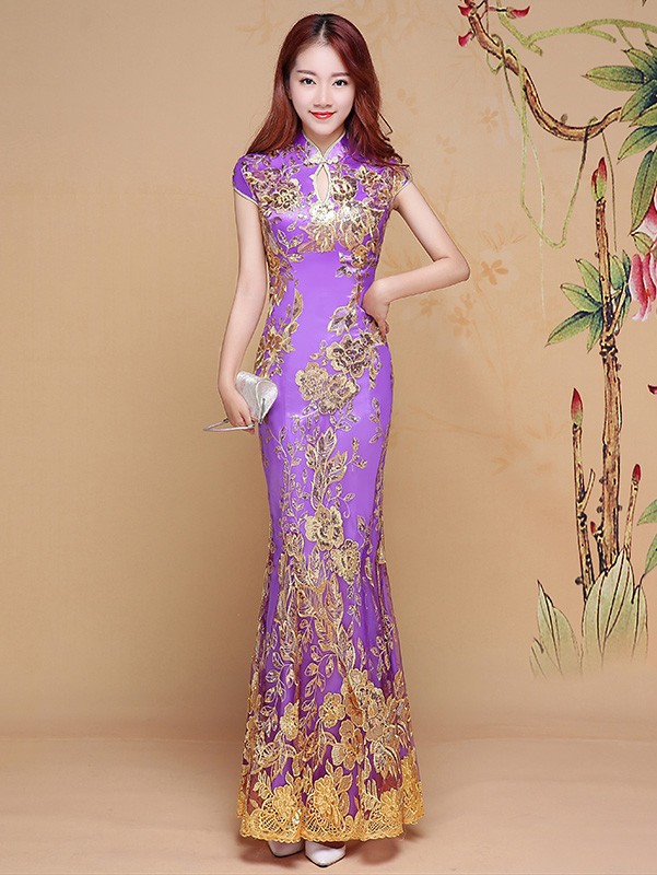 Timeless Purple Sequined Fishtail Qipao / Cheongsam Dress