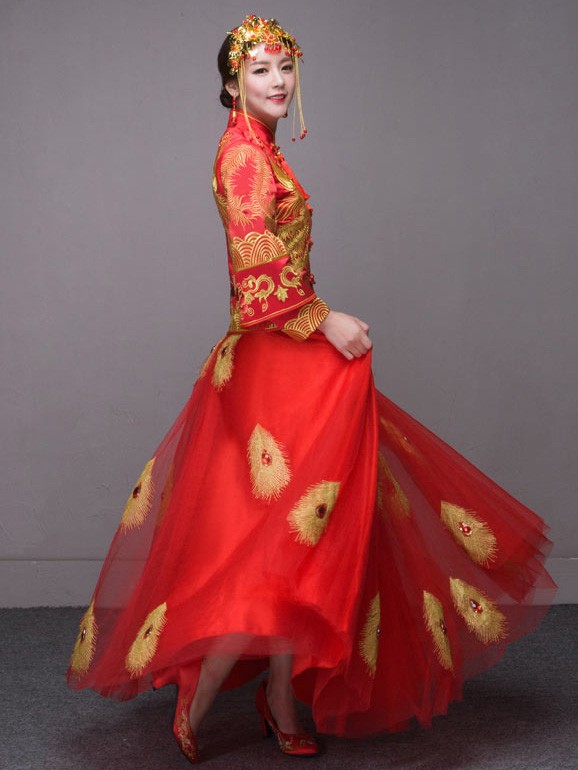 Phoenix Wedding Qun Kwa, Mandarin Collar Blouse & Maxi Skirt